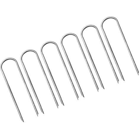 Lot de 6 piquets d'ancrage en acier (forme en U) pour trampolines, tentes, abris de camping et balançoires, 30 cm (12 pouces), argentés. (1/5)