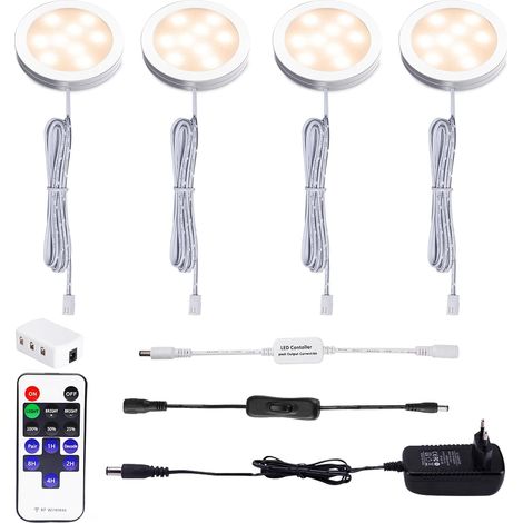 LED Lampe Sous Meuble Cuisine avec Telecommande RF Sans Fil, Rond Ultra Slim Eclairage Encastré pour Placard, Prise Européenne, 4 Paquets Lumières LED pour vitrine 12V 8W (Blanc Chaude2700K) (1/5)