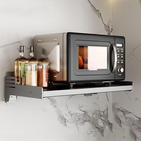 Étagère murale micro-ondes en acier carbone - Support fixe adhésif ou vissé - Dimensions 55 x 37 x 11,5 cm - Meuble rangement cuisine compact (1/5)