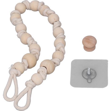 Attaches rideaux boho en bois et corde de coton beige, perles en bois, 55cm - style bohème durable pour rideaux et serviettes (1/5)