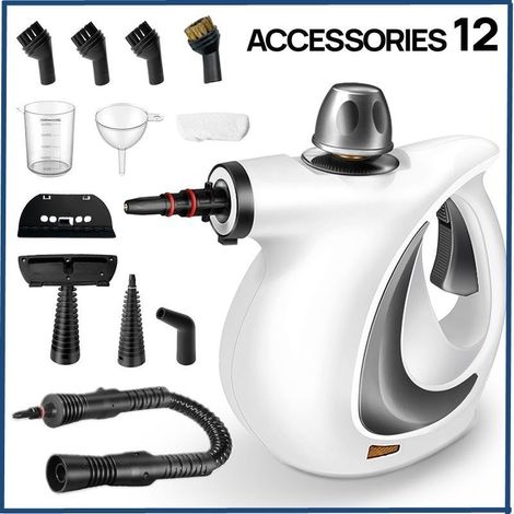 Nettoyeur vapeur à pression portatif avec 12 accessoires, adapté aux voitures, meubles, sols, carrelages, gris. (1/5)