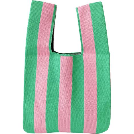 Shopping Bag Grocery Bag Strip Pattern Large Capacity Foldable Resuable Woven Purse Bag for Daily Travel Pink Green (1/5)