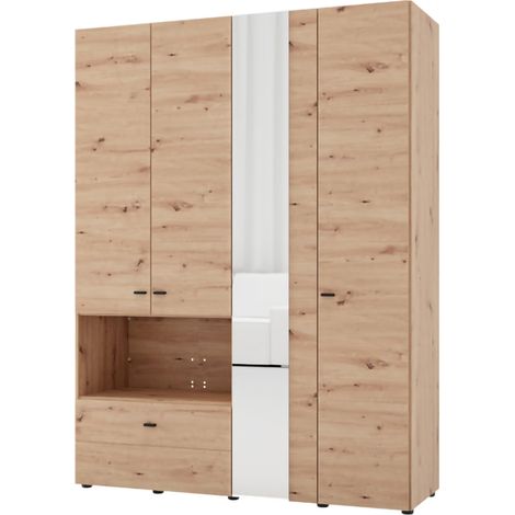 Armario Grande Omete, Armario Dormitorio 4 Estantes, un Cajón, Barra para Colgar, 155x208h cm Marrón Roble Nodoso