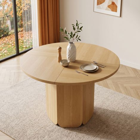 Table de salle à manger 120x120x75 cm en MDF chêne, style scandinave pour 4-6 pers. FloraGrace (1/5)