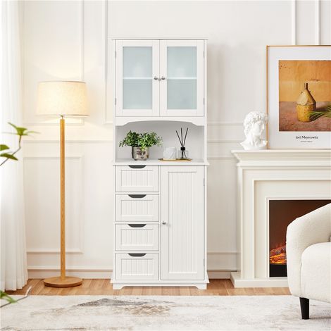 Yaheetech – Colonne de salle de bain avec 4 tiroirs – Placard 2 portes en verre trempé – Étagères réglables – MDF blanc 60 × 30 × 165,5 cm — vue 2