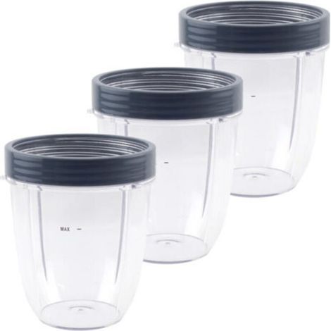 A set of three 532ml (18oz) short cups with replacement sealing rings, compatible with NutriBullet 600W and 900W blenders (models NB-101B, NB-101S, and NB-201). (1/5)
