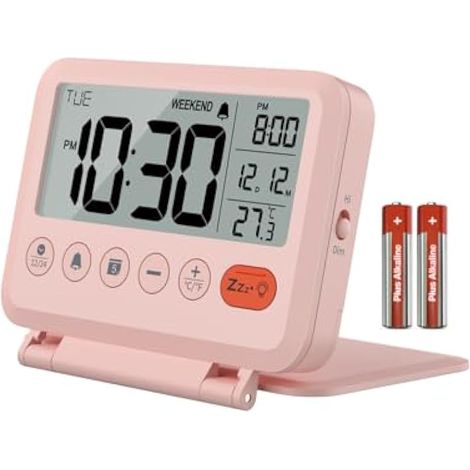 Réveil de voyage : rétroéclairage 2 niveaux, 2 volumes, 12/24H, calendrier, température, mode week-end, snooze, couvercle pliable, petite horloge numérique à piles (piles AAA incluses) (1/5)