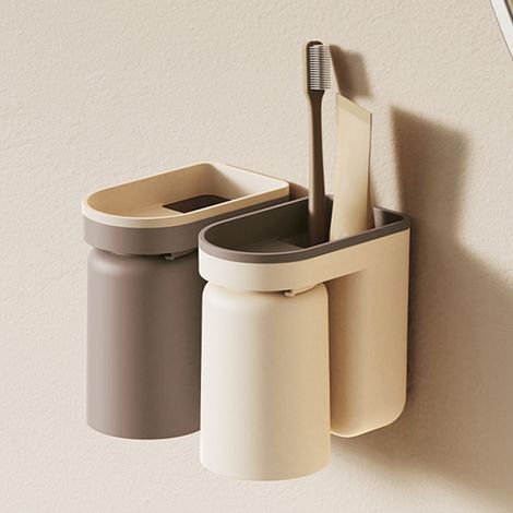 Selbstklebender Zahnbürstenhalter mit Abfluss, Wandmontage, mit Bechern fürs Badezimmer, Beige (1/5)