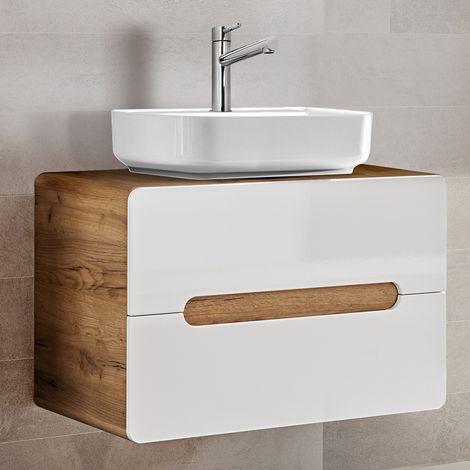 Waschtisch Set mit Keramik-Waschtisch LUTON-56 Hochglanz weiß mit Wotan Eiche Nb. B/H/T ca. 80/67/46 cm (1/5)