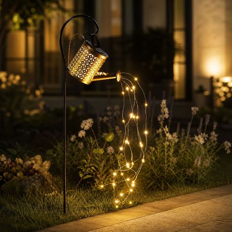 Lampe de jardin solaire en fer forgé effet cascade douche, motif pièces cuivre, lumière blanche chaude, hauteur 80cm, décoration extérieure (1/4)