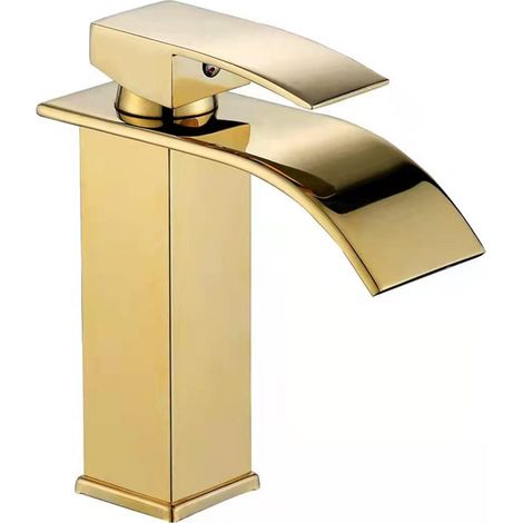 Direkt vom Hersteller zum Wasserfall-Design: Aufsatzwaschbecken/Waschbecken/Handwaschbecken aus Vollkupfer mit Warm- und Kaltwasserarmatur für Badezimmer/WC - Goldausführung [Sonderanfertigung]