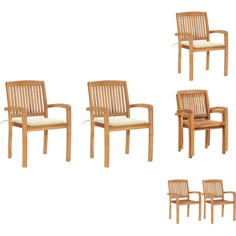 Gartenstühle - Living Gartenstühle 2 Stk. mit Cremeweißen Kissen Massivholz Teak (1/5)