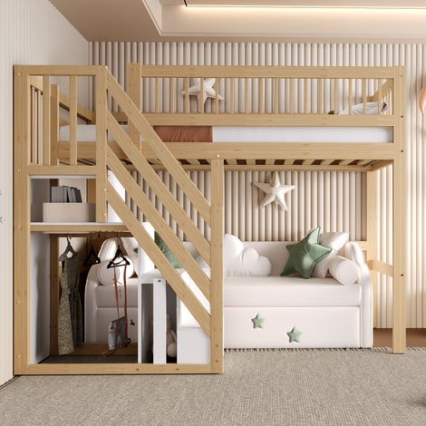 Lit en bois massif 90 x 200 cm, escalier avec rangement intégré, lit enfant, lit adolescent, lit simple, cadre en bois massif, version haute, finition bois. (1/5)
