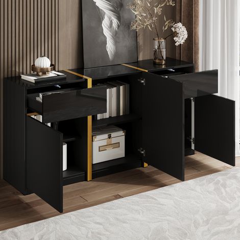Buffet 3 portes 2 tiroirs avec étagères réglables et finition brillante, 160 x 40 x 78 cm, MDF, noir et doré