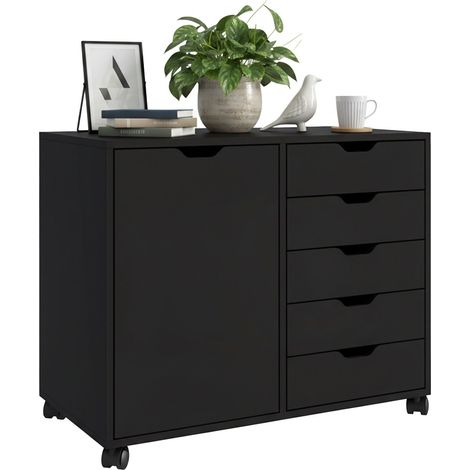 Contenitore con rotelle Relaxdays, 5 cassetti e 2 scomparti, HLP: 65x78x40 cm, armadietto da ufficio mobile, nero (1/5)