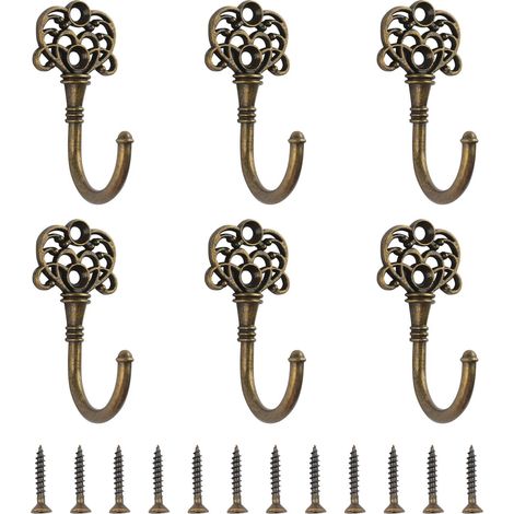 Crochets muraux, laiton antique, crochets vintage pour suspendre clés, vêtements, chapeaux, portefeuilles, tasses, montage mural, adaptés pour entrée, chambre, cuisine, lot de 6 (1/4)