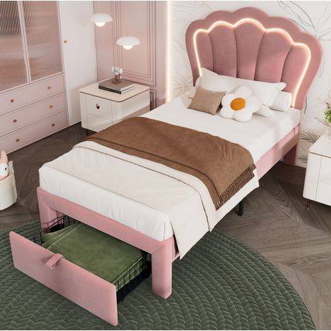 MEUBLIV Cadre de lit 90x200 cm rose – LED, tiroir de rangement, tête réglable, sans matelas (1/5)