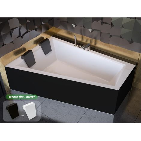 Otitec – Baignoire d'angle asymétrique 170x125cm en acrylique blanc – Tablier noir inclus – Repose-tête ergonomique – Pour deux personnes (1/4)