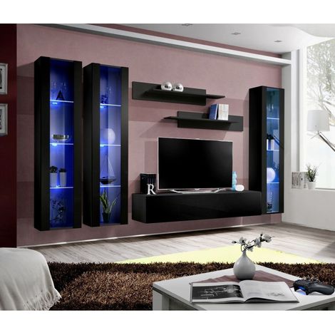 Ensemble meuble TV mural  - Fly V - 310 cm x 190 cm x 40 cm - Noir - Livraison gratuite