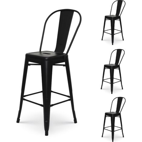 Set mit 4 mattschwarzen Metall-Barhockern im Industriestil - Hohe Rückenlehne - Höhe 66cm