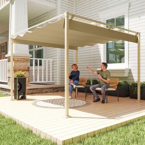 Pergola 3 x 3 m avec toile rétractable. 8 vis et 8 piquets. En polyester 180 g/m² et métal. Couleur kaki.