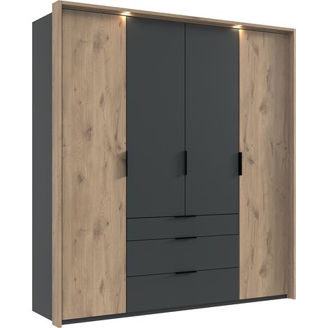 Kleiderschrank 204 cm inkl. Beleuchtung, Passepartoutrahmen in grau mit Eiche BIELLA-43 (1/5)