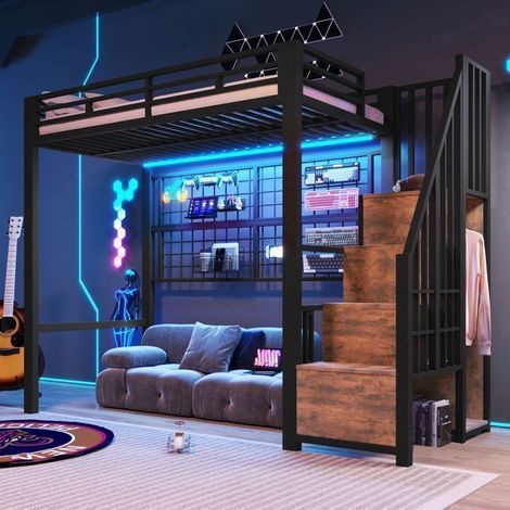 Lit Mezzanine 90x200cm avec Armoire et LED - Lit Ado - Échelle de rangement, Cadre Métal , Grille, lit simple - Noir (1/5)