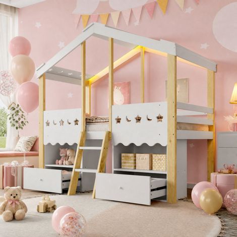 Cama semialta infantil (208x121x158.5 cm), forma de casa, con LED, 2 cajones y estantes, madera de pino, blanco y natural (1/5)