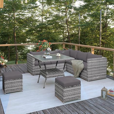 7-seater rattan garden furniture set with high glass dining table, 5 pieces in PE rattan for indoor and outdoor use with grey cushions (1/5)