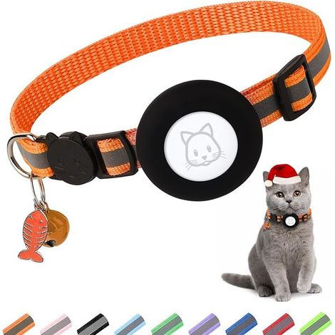 Collier réfléchissant pour chat en forme d'arête de poisson - Positionnement avec manchon en silicone Airtag（Orange）