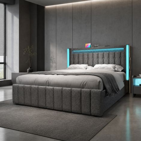 Cama doble 160x200 cm de lino gris, con almacenaje para dormitorio, sin colchón -FLORAGRACE (1/5)