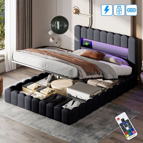 Dans Les Nuages – Lit coffre 160x200 cm avec éclairage LED et ports USB – Rangement hydraulique – Sommier à lattes en bois – Cadre métal capitonné gris (1/5)
