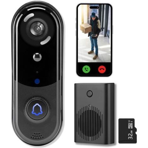Sonnette sans fil avec caméra 2K, sans frais mensuels, stockage SD/Cloud 32 Go, vision nocturne, détection de mouvement, audio bidirectionnel, IP66, alertes en temps réel (1/5)