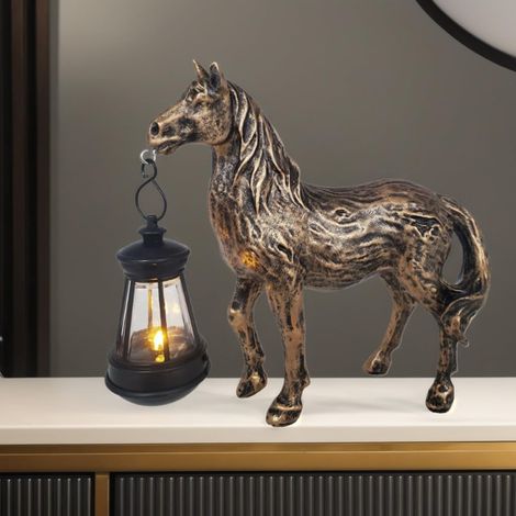 Solaire antique lanterne de cheval en bronze, résine de décoration jardin mignon cheval rétro lumière animale, crépuscule sans fil à l'aube LED lumière imperméable.