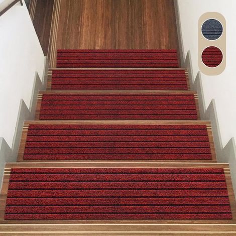 Rutschfeste Treppenmatten für den Innenbereich, 15 Stück, 22 x 70 cm – Selbstklebender Treppenteppich – Rot mit schwarzen Streifen (1/5)
