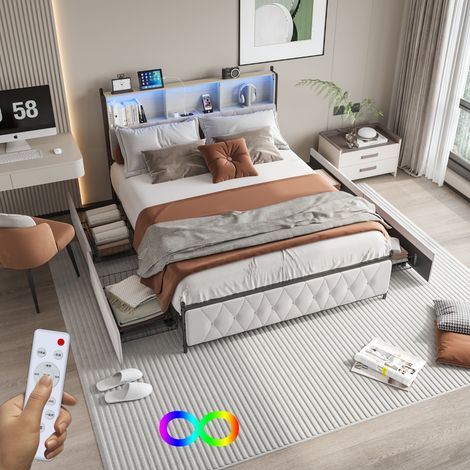 Letto matrimoniale con cassetti 140x200 cm, porta di ricarica USB/Type-C sulla testiera, illuminazione d'atmosfera, 4 cassetti, rete a doghe, stile scandinavo, letto per adulti - Beige (1/5)