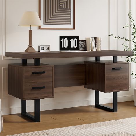Bureau de Travail Moderne - 135x54x76 cm - Structure Acier et MDF avec Tiroir à Dossiers et Rangement Silencieux - Marron et Noir (1/5)
