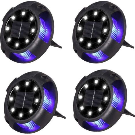Lot de 4 Bornes Solaires Encastrées Extérieur - 8 LEDs Blanc + 4 LEDs Bleu - Étanches - pour Allée, Aire de Stationnement, Paysage, Jardin, Terrasse, Pelouse, Cour