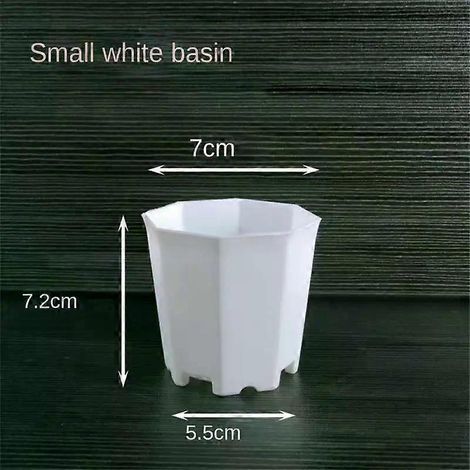 Pot de fleurs octogonal minimaliste en plastique résistant, petit modèle, avec soucoupe, blanc, pour plantes succulentes en pot. (1/5)