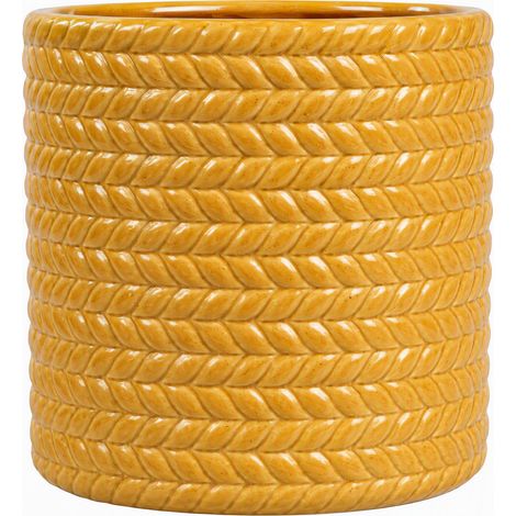 Pot céramique artisanal cylindrique Ø31 cm bleu‑foncé brillant, relief chevron‑flèche classique tout‑tour, grès poreux, trou de drainage, résistant gel‑UV, intérieur‑balcon‑terrasse‑jardin protégé, sa (1/5)