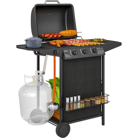 Outsunny barbacoa de gas BBQ gas con 3+1 quemadores 9,5 kW barbacoa portátil con termómetro mesa lateral parrilla recogedor de grasa 2 ruedas negro