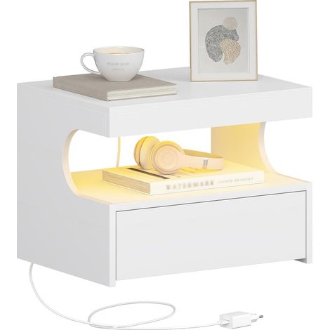 Table de Chevet Suspendue, Table de Nuit Suspendue LED, Tables de Chevet Murale avec 1 Tiroir Coulissant avec Espace Ouvert, Moderne, pour Chambre à Coucher, Salon, Blanc (1/5)