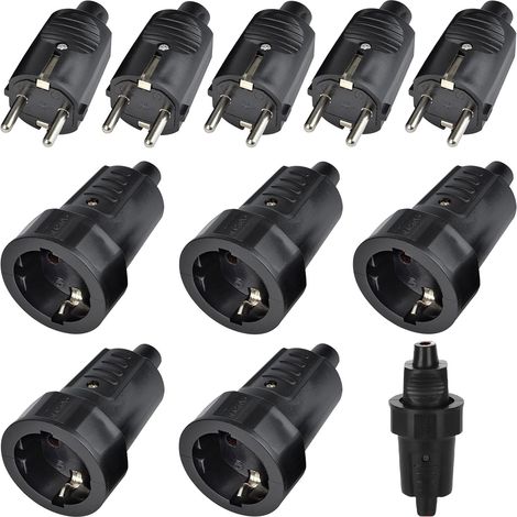 5 Paires de Kit Fiche Mâle + Prise Femelle: 250V 16A IP44 Prise Etanche, 2-pôles Fiche Schuko Et Raccord En Caoutchouc sans Câble Pour l'Extérieur (noir) (1/5)
