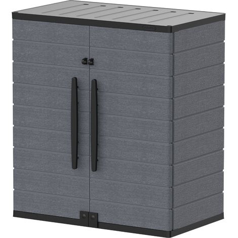 Armoire de rangement basse 130x74x110cm – Résine durable résistante aux intempéries – Volume 850 litres – Couvercle à piston hydraulique – Duramax (1/3)