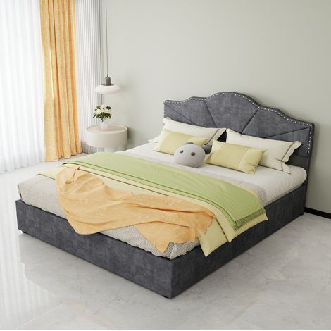 Bett modern 160x200 cm, grau, Stoff und Metall, geometrisches Kopfteil mit Ziernägeln, Lattenrost (1/5)