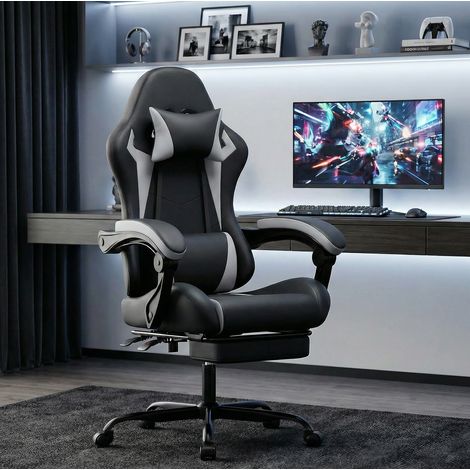 Sedia gaming ergonomica OKWISH nero bianco con cuscino lombare e poggiatesta (1/5)