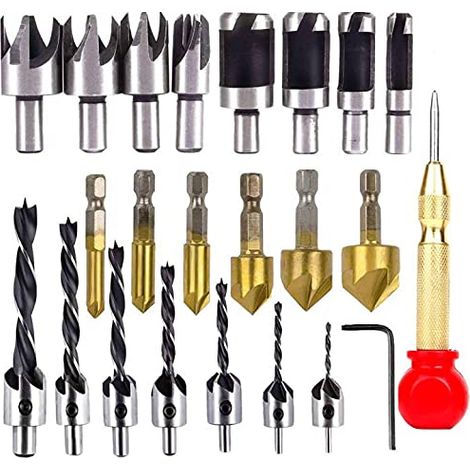 23 Outils de Forage pour Chanfreinage du Bois Incluent 8pcs Outil de Coupe de Prise de Bois,7 Forets à Trois Pointes, 6pcs Forets à Fraiser (1/5)