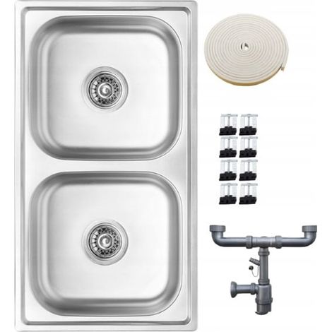 Fregadero de cocina empotrado de acero, de 2 cubetas, decorativo, 78 x 43 cm