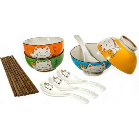 Coffret Vaisselle Chat Maneki Neko - 4 Bols, 4 Paires de Baguettes (1/5)