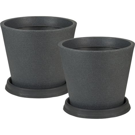 Scheurich Set de 2 pots à fleurs Coneo 40 avec soucoupes, en plastique coloris: granit noir, 38,5 cm de diamètre, 33,2 cm de hauteur, 26 l de vol.